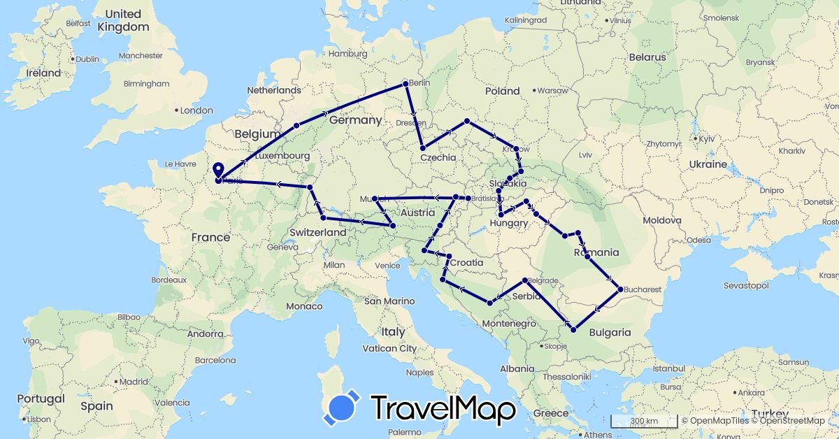TravelMap itinerary: driving in Austria, Bosnia and Herzegovina, Bulgaria, Switzerland, Czech Republic, Germany, France, Croatia, Hungary, Poland, Romania, Serbia, Slovenia, Slovakia (Europe)